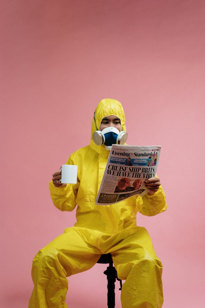 Person in yellow protective suit reading a newspaper while holding a coffee mug on a pink background.
